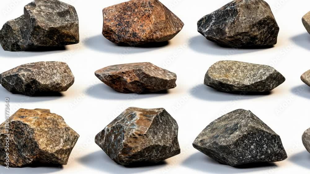 Poster a collection of twelve irregularly shaped rocks are arranged in a grid pattern against a plain white