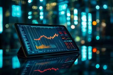 Stock Market Data Analytics: Investment Growth and Trading Chart on Tablet Screen