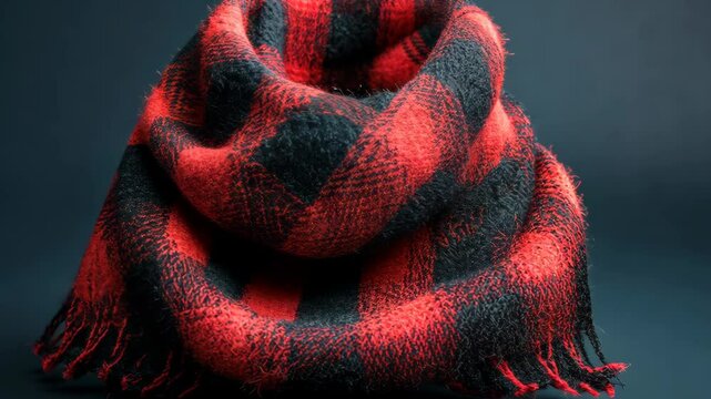 A folded red and black plaid scarf with fringed edges rests on a dark surface