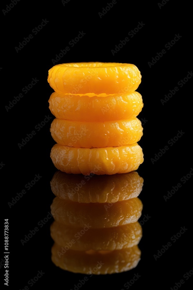 Poster a stack of four yellow circular slices, reflecting on a black surface.