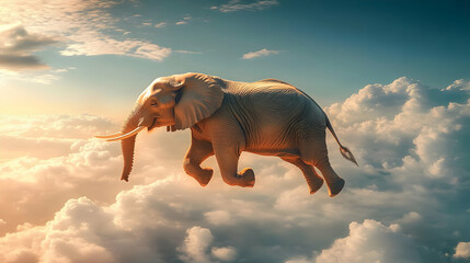 A majestic elephant gracefully leaps through a dreamy, sunset-hued cloudscape, soaring effortlessly with serene power.