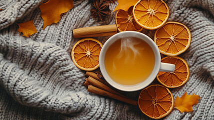 Cozy Autumn Tea with Cinnamon Orange Slices and Knitted Blanket
