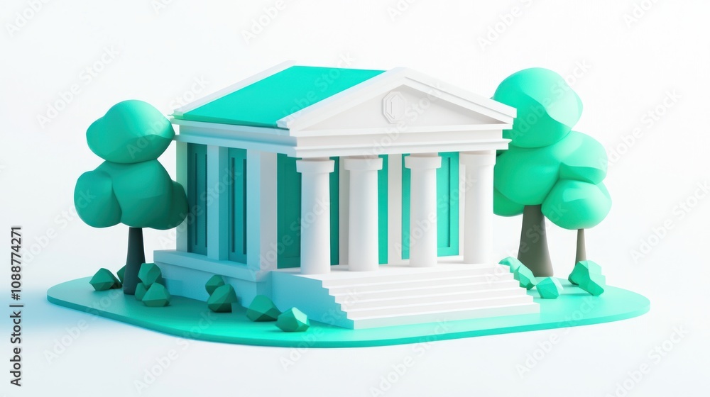 Poster a stylized, minimalist building with columns, surrounded by trees and rocks.