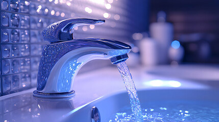 Chrome Faucet Pours Water into Basin under Blue Light