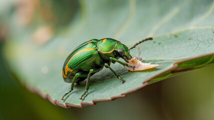 Fototapeta premium Green Beetle Eating Leaf Closeup Macro Photography
