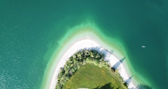 Aerial view, Drone flight over Walchensee, beautiful Alpine lake in Bayern, Germany.