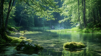 Fototapeta premium Serene Forest River Landscape