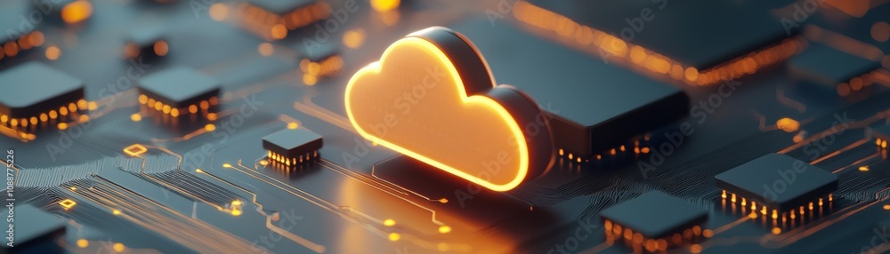 Poster a digital cloud icon glows against a circuit board background, symbolizing cloud computing and techn