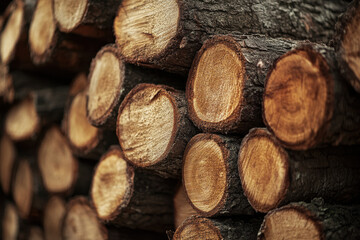 Close-up of stacked wooden logs with rough bark, showcasing natural textures and rich earthy tones, symbolizing warmth and rustic charm.