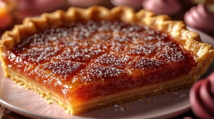 A slice of pie with a glossy topping on a decorative plate.