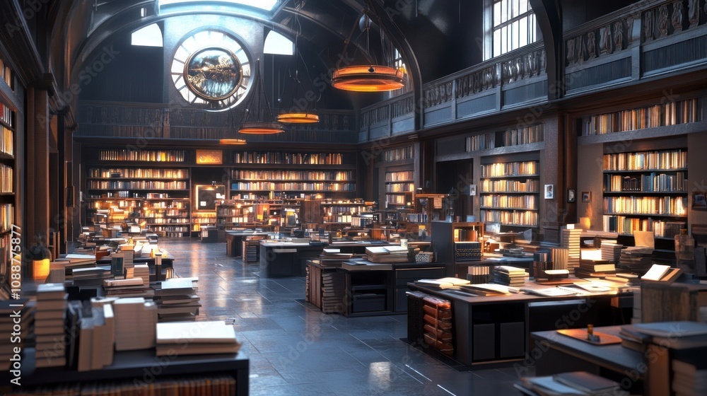 Poster A spacious library filled with books, illuminated by warm lighting and a large clock.