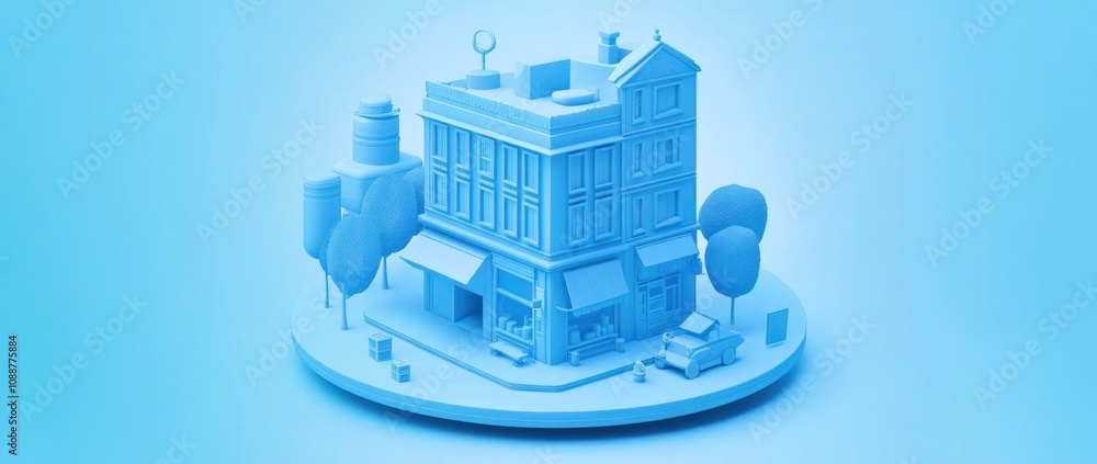 Poster a stylized blue model of a city building with trees and a car.