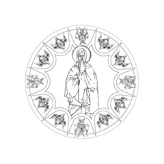 Saint Joanikije of Devic (name english) sky round dome with 4 apostles and seraphim. Coloring page in Byzantine style