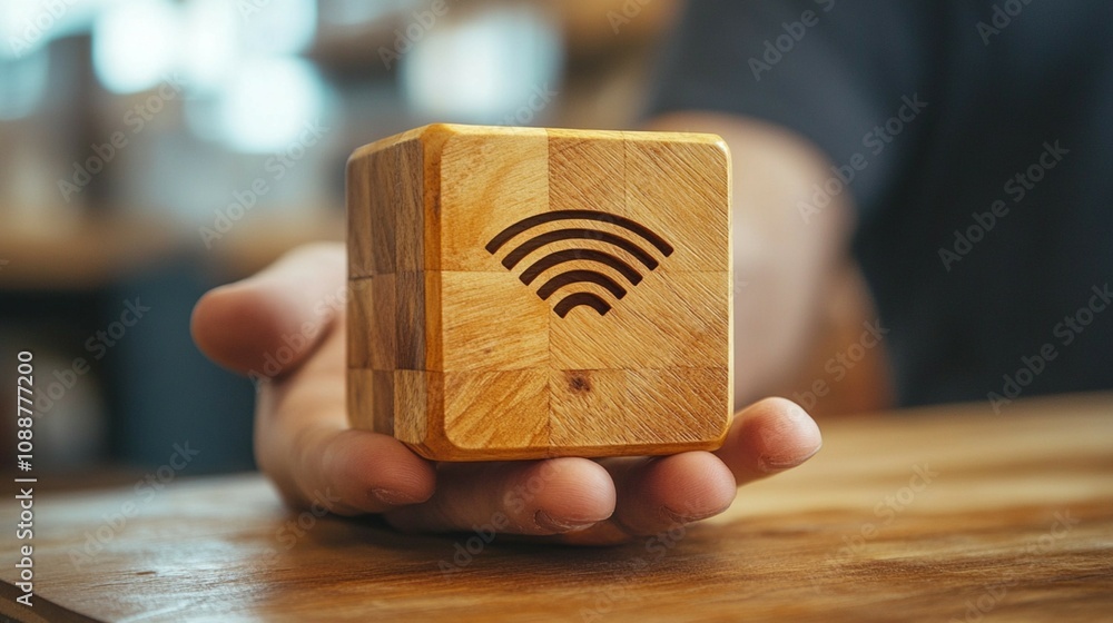 Fototapete wooden cube with wi-fi symbol, showcasing wi-fi 7 certification for improved network speed and perfo
