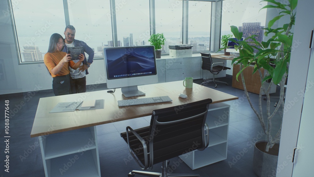 Poster diverse team of creative designers uses digital tablet computer and augmented reality ai interior de