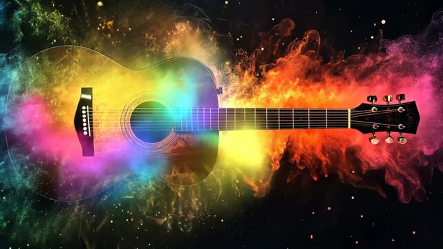 A six-string acoustic guitar is the focal point, surrounded by swirling, vibrant colors reminiscent of smoke or nebulae
