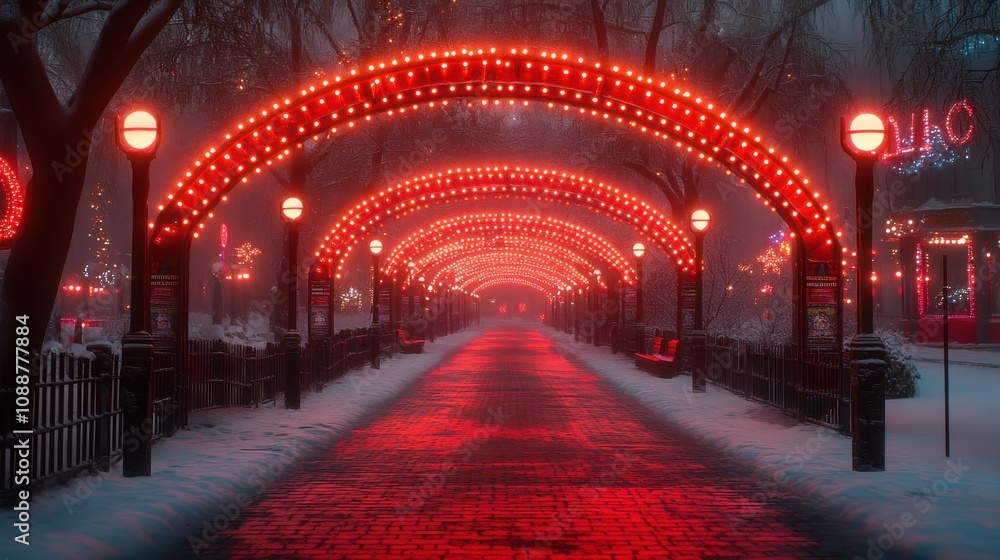 Poster a misty pathway illuminated by red lights in a snowy setting.