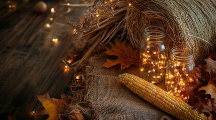Rustic Fall Decor with Mason Jars Twinkle Lights and Corn on Burlap