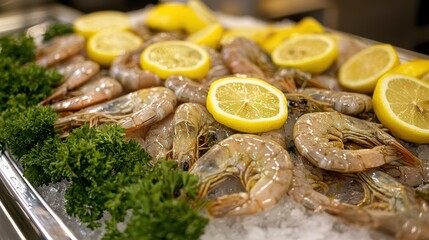 Fresh Seafood Platter with Succulent Shrimp, Lemon Slices and Garnishing Herbs on Ice in a Gourmet Presentation