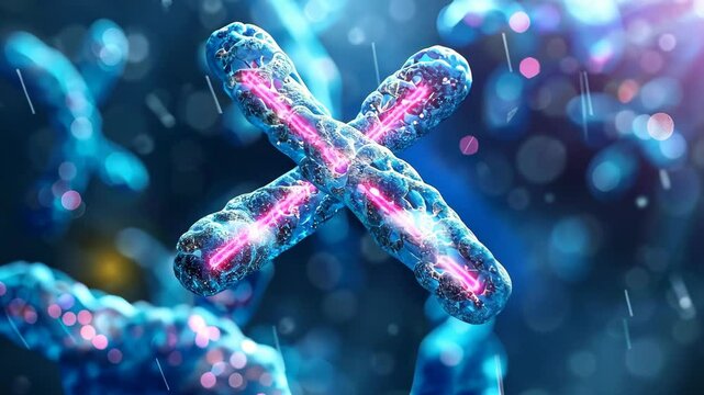 X and Y Chromosome on blue background. Chromosomes with DNA helix inside under microscope. Human chromosome. Illustration X and Y chromosome