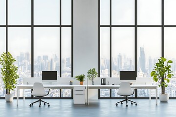 Open Plan Office with Floor to Ceiling Windows and City View