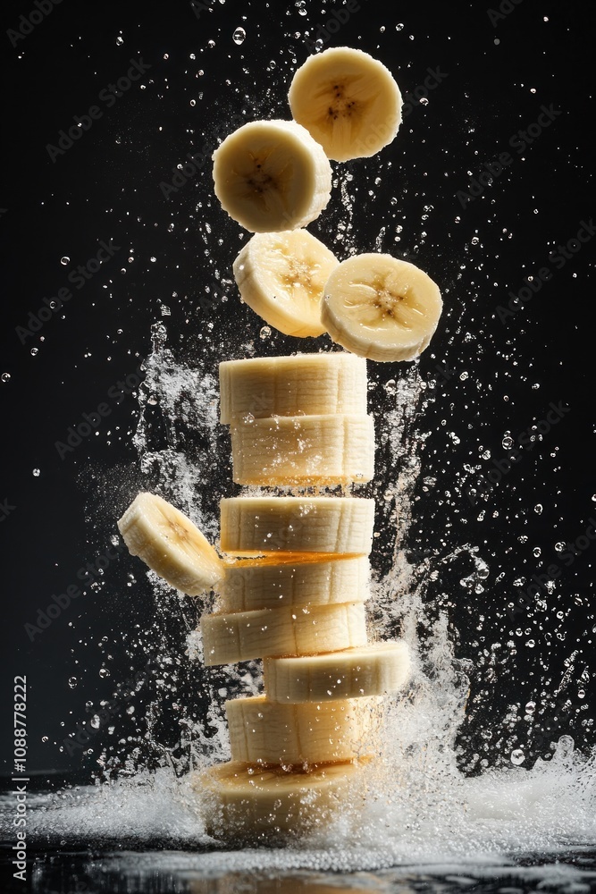 Poster sliced bananas falling into water, creating dynamic splashes and showcasing freshness.