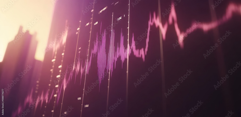 Poster abstract visualization of sound waves against a cityscape backdrop.