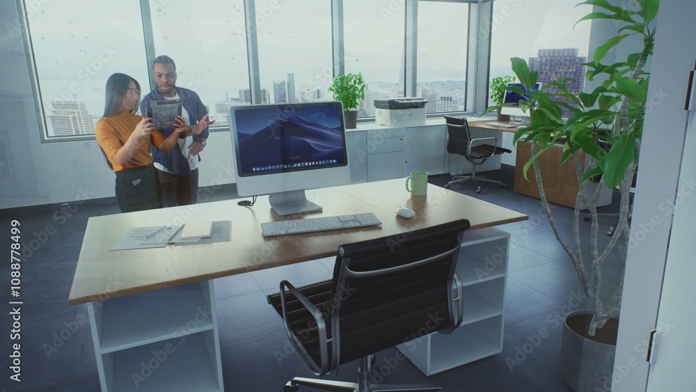 Poster diverse team of creative designers uses digital tablet computer and augmented reality ai interior de