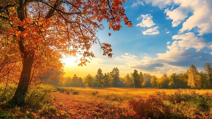 Naklejka premium Autumn landscape with colorful trees and meadow