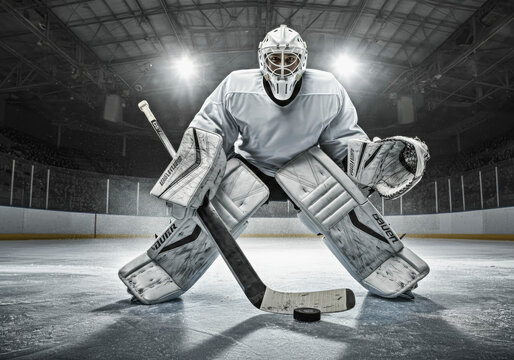 Intense hockey goalie in action on ice rink with bright stadium lights
