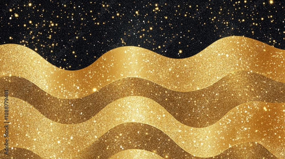 Poster elegant seamless pattern featuring shimmering golden waves on a sparkling black background ideal for
