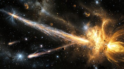An artistic representation of cosmic rays interacting with cosmic dust, creating a magical effect