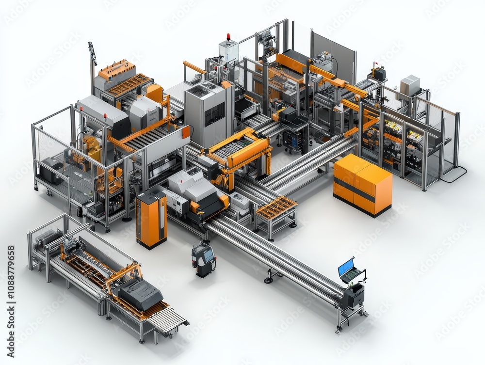 Poster advanced industrial manufacturing system showcasing automated machinery and production lines for eff