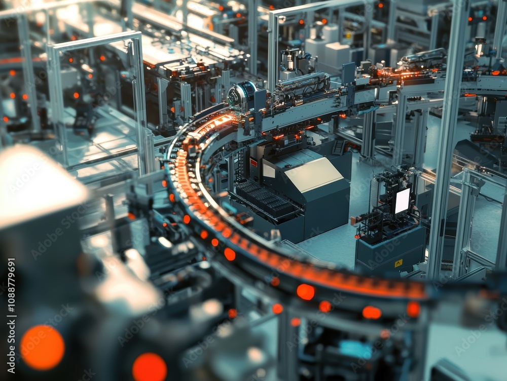 Poster a close-up view of an industrial automation assembly line with robotic machinery, conveyor belts, an