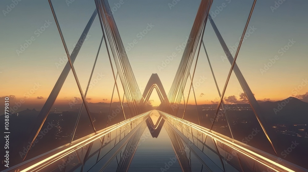 Poster Futuristic Bridge at Sunset with Symmetrical Architecture and Reflection in Water Surrounded by a Breathtaking Landscape Illuminated by Warm Serenity