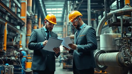 Industrial engineer and businessman in suite and safety helmet working in factory, planning, discussing and training workers with tablet in metalwork place , teamwork and team concept - Powered by Adobe