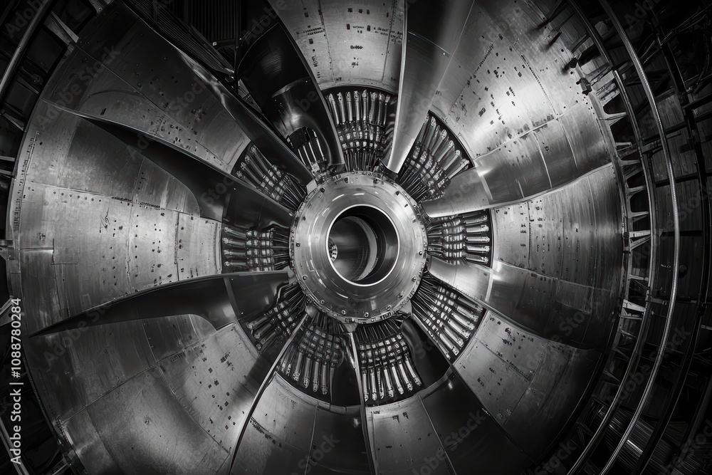 Poster close-up view of an industrial jet engine turbine highlighting complex metal structures and intricat