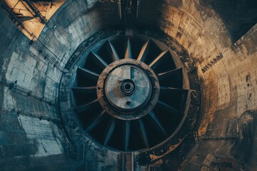Obraz premium Close-Up View of an Industrial Turbine in a Concrete Chamber with Dramatic Lighting and Textures Highlighting Engineering Precision and Machinery Design