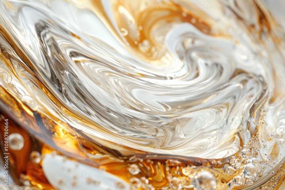 Poster abstract swirling patterns of gold and clear liquid with bubbles capturing light reflections in a fl