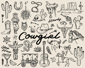 Hand drawn whimsical style Cowgirl vector illustration set