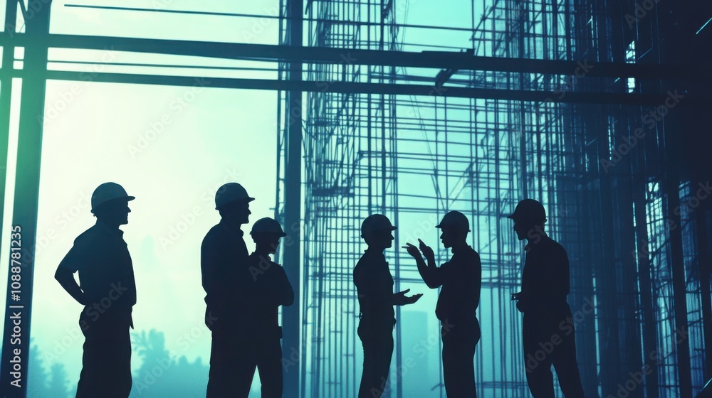 Poster group of engineers and architects discussing a project on a building site, teamwork and planning