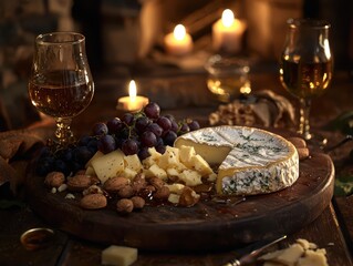 Naklejka premium A Cozy Rustic Cheese Plate Surrounded by Grapes, Nuts, and Honey with Candlelight, Creating an Inviting Atmosphere for Gatherings and Celebrations