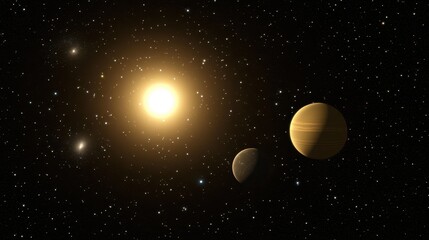 A bright star and two planets in a dark space.