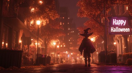 A child in a witch costume walks down a misty Halloween street at night.