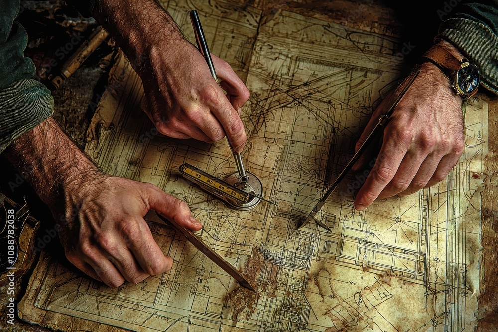 Poster detailed hands drawing technical blueprint with compass and ruler on old architecture plan, capturin
