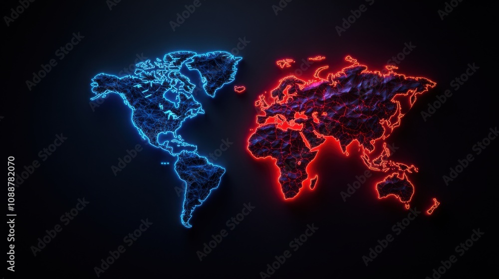 Poster abstract neon world map visualization in blue and red colors representing global connectivity and di
