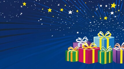 Gift Christmas and New Year A blue background with a bunch of colorful boxes with ribbons on them