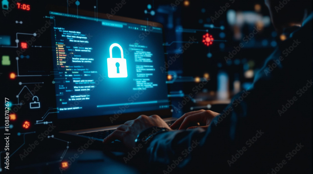 Poster person working on a laptop at night with a glowing lock symbol, focused on cybersecurity and program