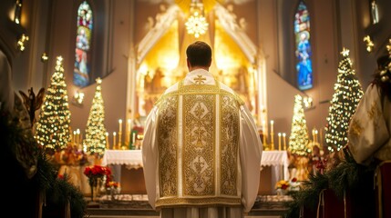 A man in a gold vest stands in front of a church with Christmas trees