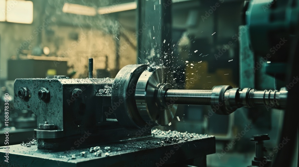 Poster close-up of metalworking lathe in action with sparks and shavings in industrial workshop environment